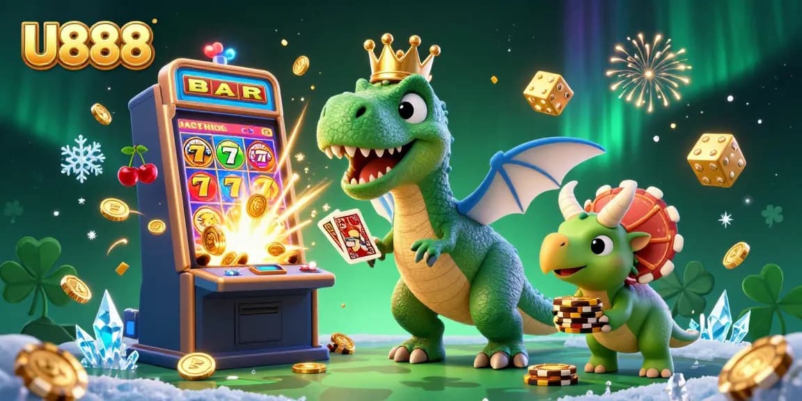 Engage with U888's vibrant casino scene featuring a T-Rex shuffling cards with colorful slot symbols surrounding.