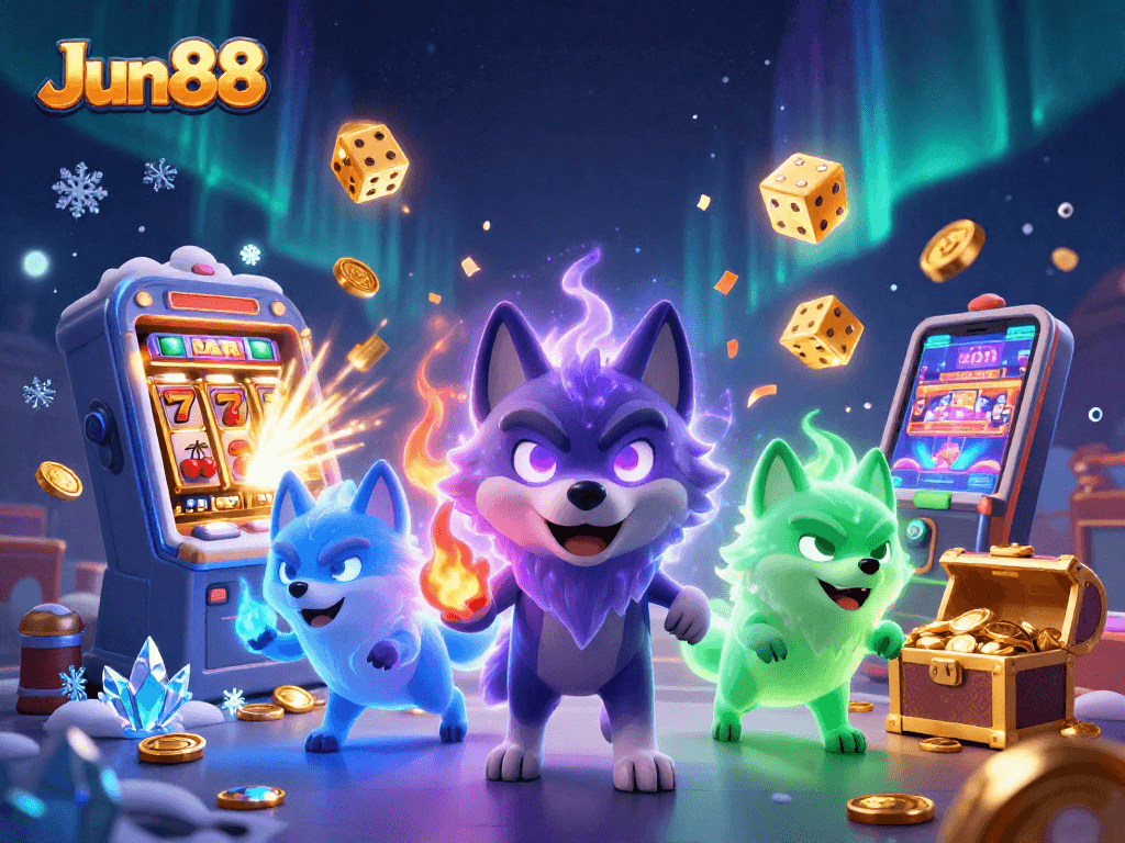 Experience the excitement of Jun88 with a vibrant 3D illustration of a shadow wolf leader and casino elements.