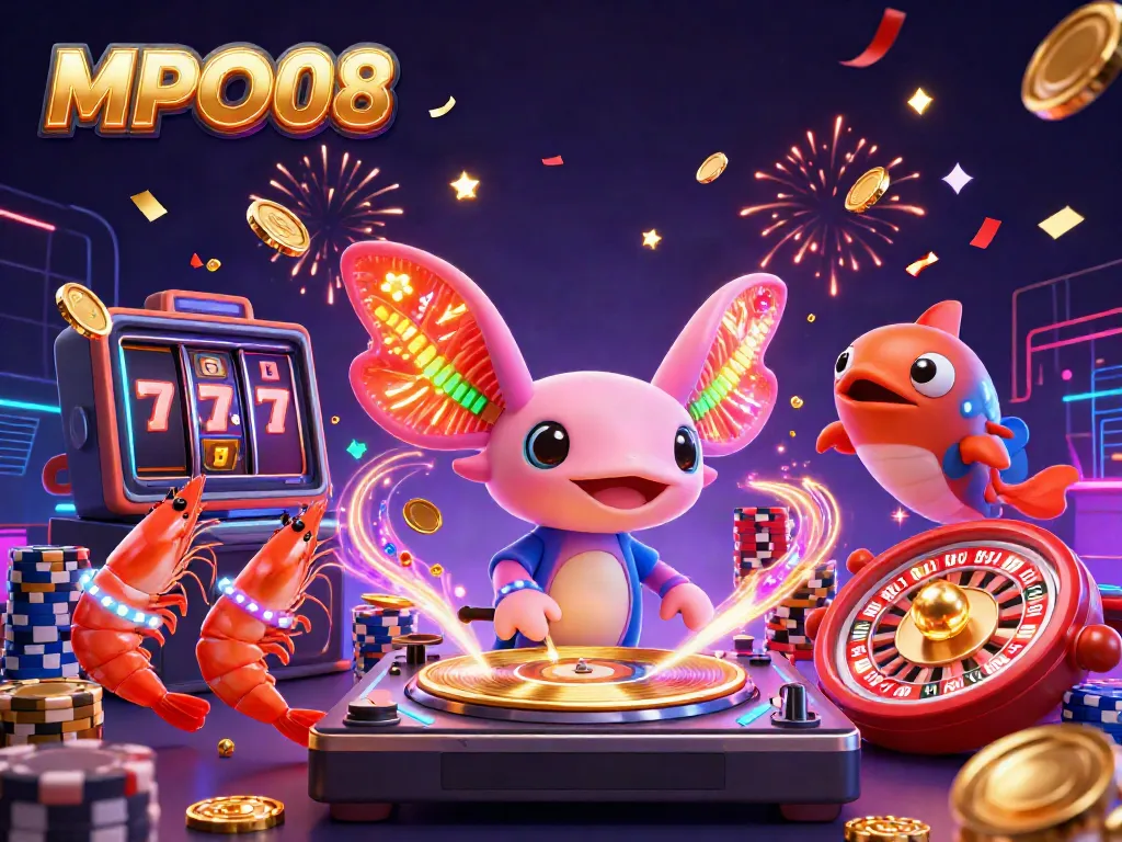 MPO08 platform offers vibrant casino fun with dynamic 3D axolotl DJ, golden slots, and lively elements.