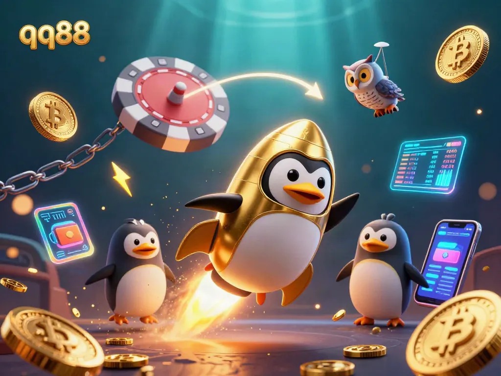 Engage in thrilling casino adventures with the qq88 brand, featuring a rocket-powered penguin and golden coins.