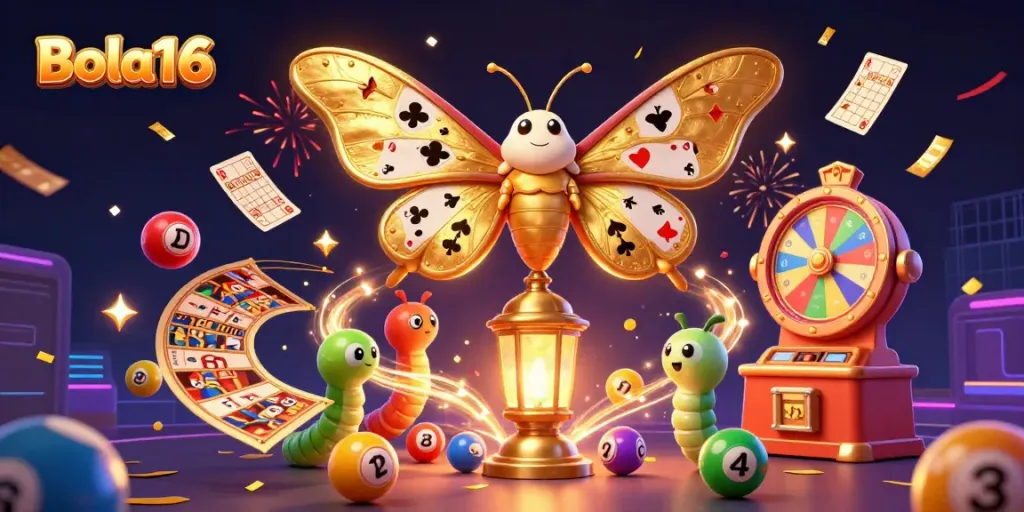 Bola16 offers thrilling casino experiences with vibrant lottery elements and dynamic characters in 3D illustration.