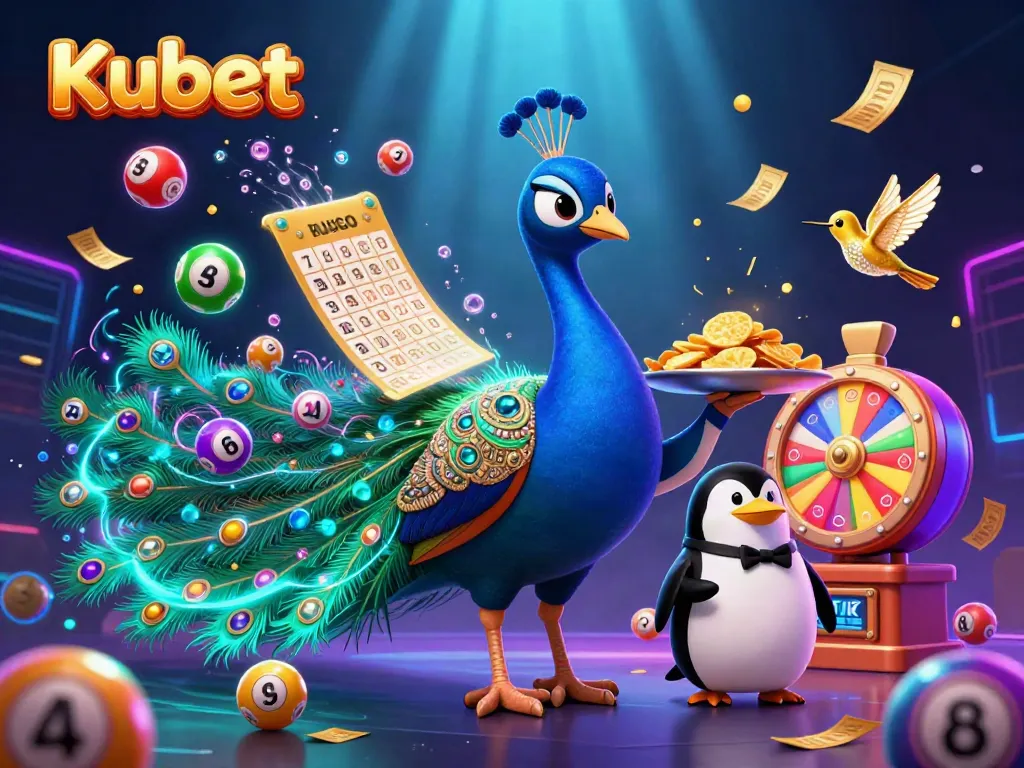 Kubet's vibrant casino scene showcasing a peacock, butler penguin, and hummingbird amidst lively gaming elements.