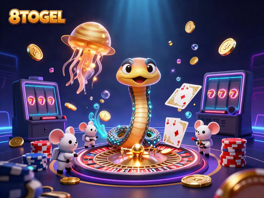 Permainan judi 8TOGEL dengan ilustrasi kartun 3D yang kaya detail, menampilkan permainan unik.