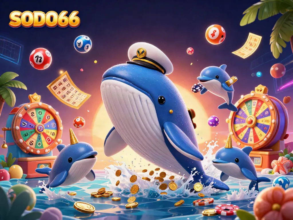 SODO66 unleashes excitement with a vibrant 3D casino illustration of a whale and friends surrounded by gameplay elements.