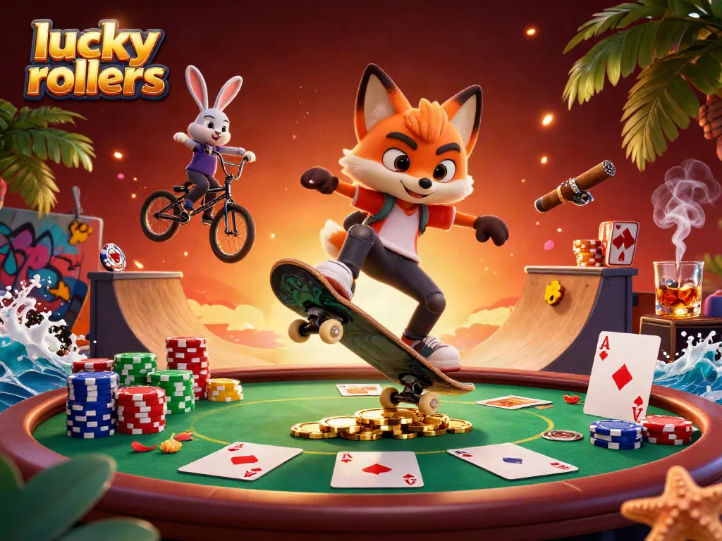Experience thrilling moves in Lucky Rollers with a fox and rabbit in a vibrant casino scene.