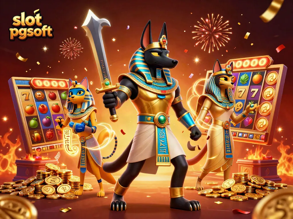 Engage with slot pgsoft gaming featuring 3D cartoon Anubis and Bastet amidst jackpot elements.