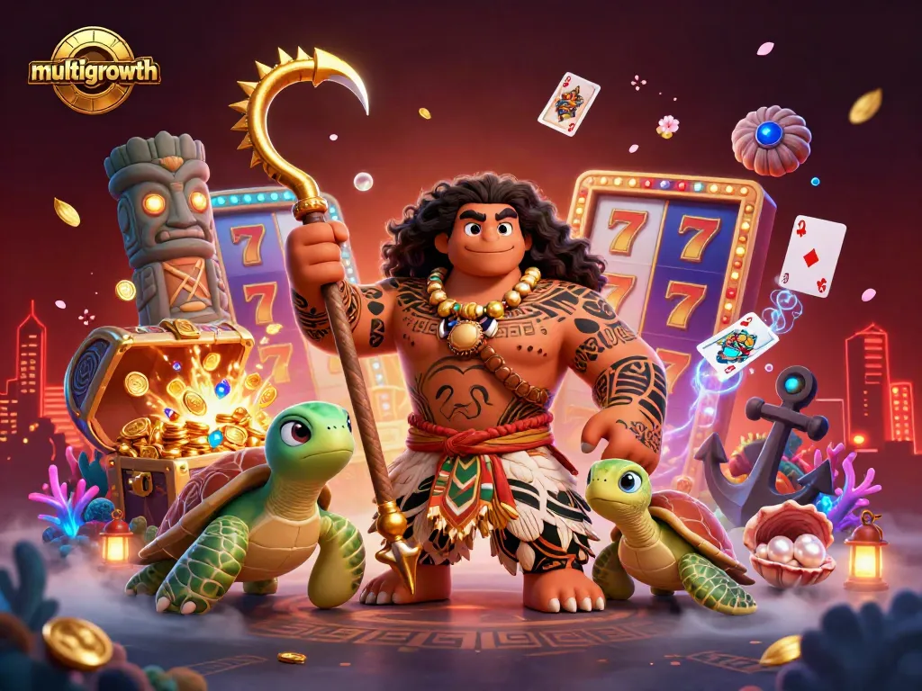 Engage in multigrowth-themed casino excitement with a vibrant 3D scene with cartoon characters and slot elements.