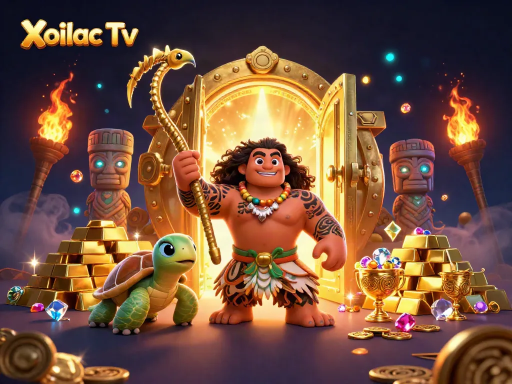 Xoilac Tv offers an engaging platform with a vibrant 3D illustration of a Polynesian demigod character amidst gambling-themed elements.
