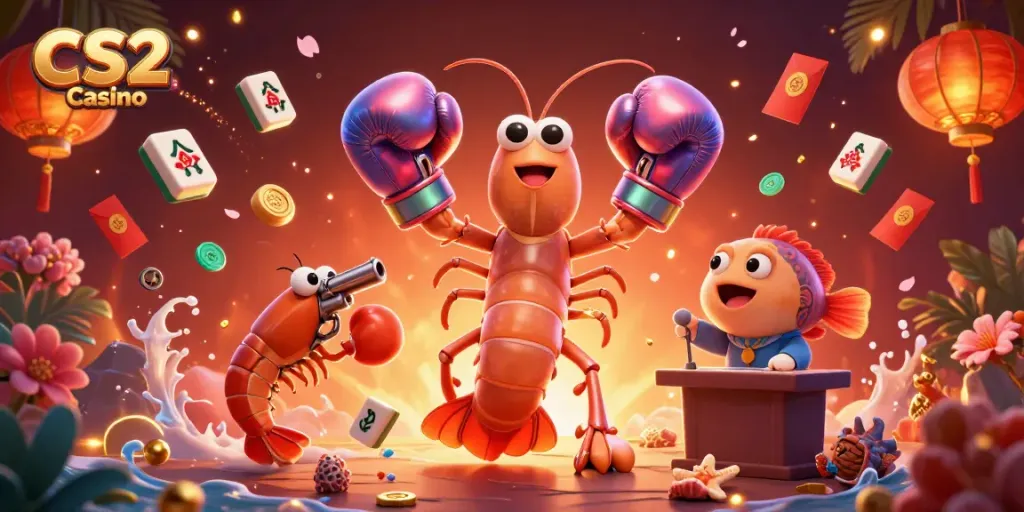 Experience thrilling action at a CS2 Casino with vibrant shrimp characters amidst colorful casino symbols.
