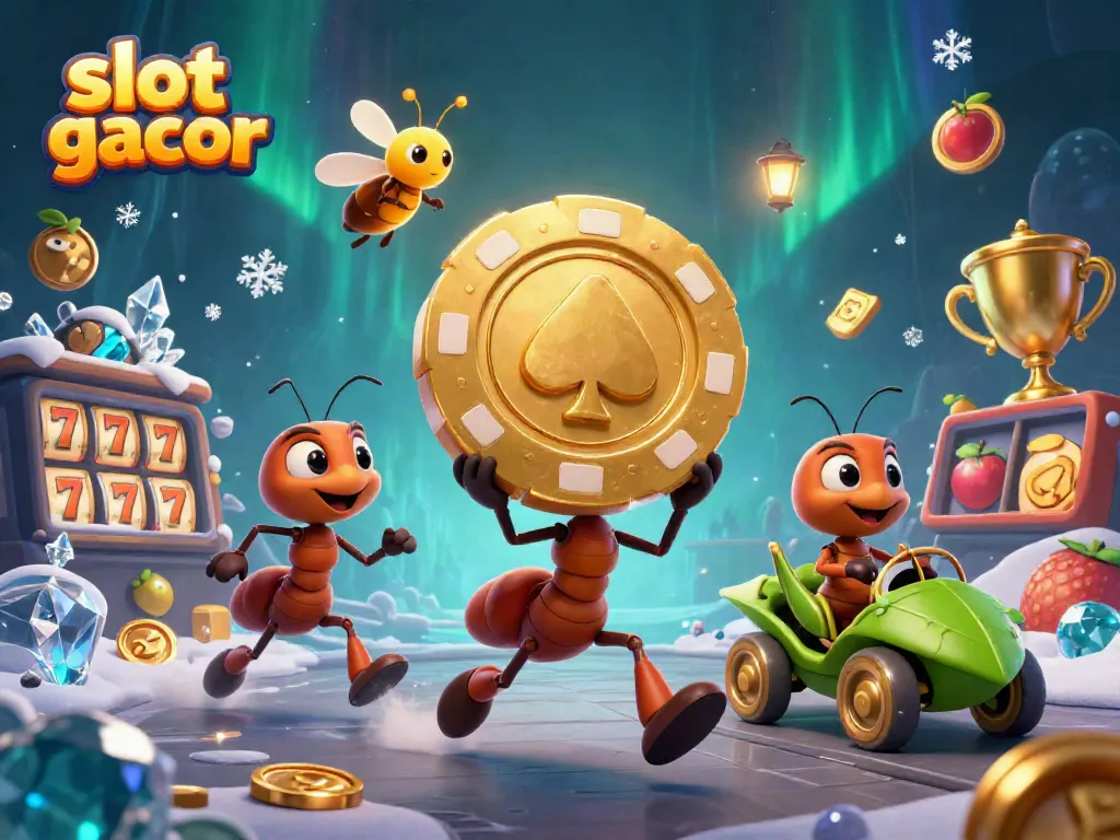 Engaging scene of ants pulling a giant poker chip, embodying slot gacor excitement and casino fun.