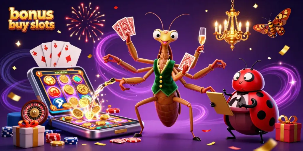 Experience the thrill of bonus buy slots with 3D casino characters and vibrant game elements in a festive scene.