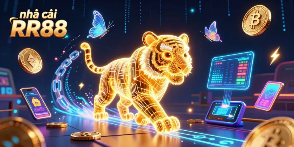 Engage in thrilling gameplay with nhà cái RR88, featuring neon-lit characters and crypto elements.
