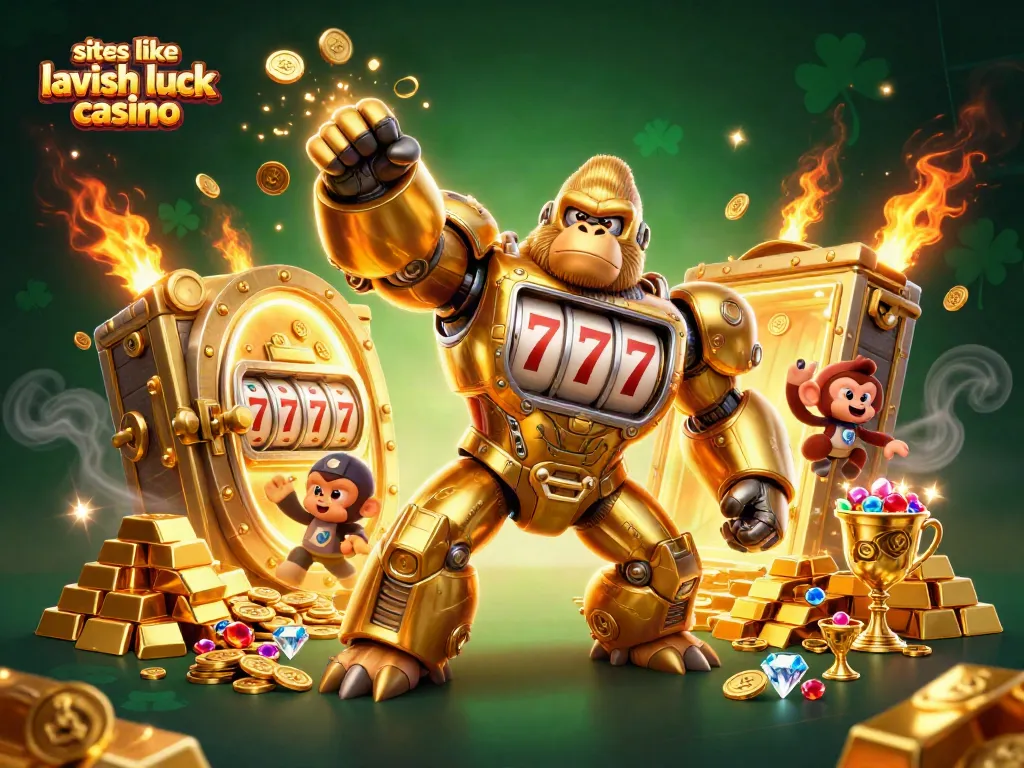 Experience the excitement of sites like Lavish Luck Casino with a dynamic 3D illustration featuring a golden gorilla mech and treasures.