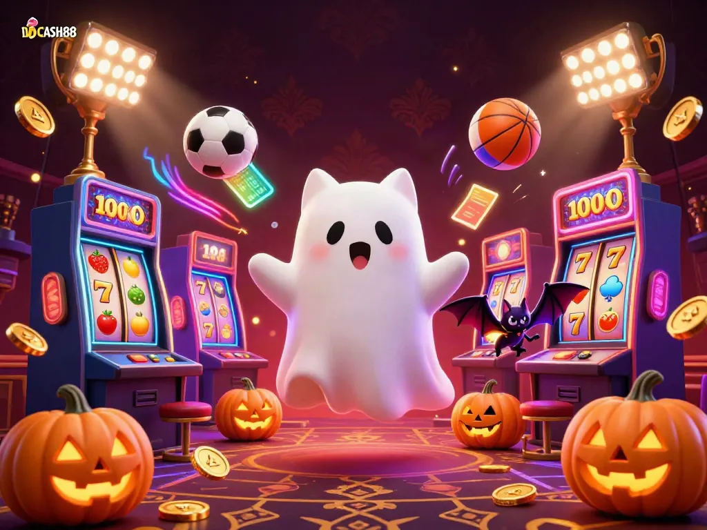 Experience the thrill of gaming with IDCASH88's ghost cat and vibrant casino atmosphere.