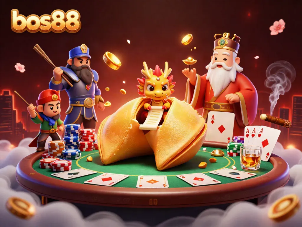 Experience thrilling gameplay at bos88 with a captivating 3D casino scene featuring a golden fortune cookie and poker elements.
