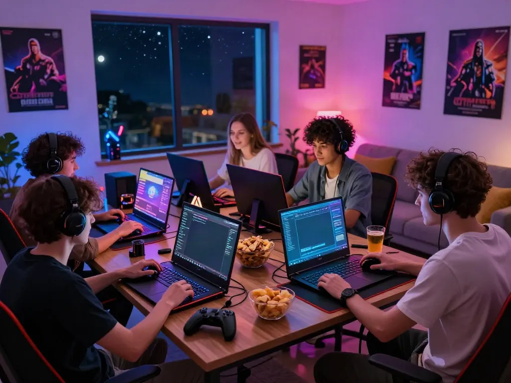 Friends playing akunjp online games in a vibrant gaming setup at home.