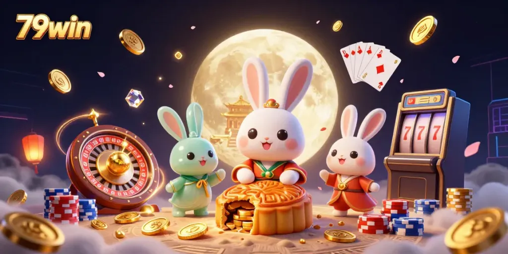 Experience the excitement of 79win with a vibrant 3D casino scene featuring dynamic elements and engaging characters.