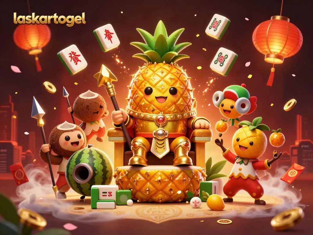 Engage in the vibrant action of laskartogel with a whimsical illustration of a golden pineapple king and tropical characters.