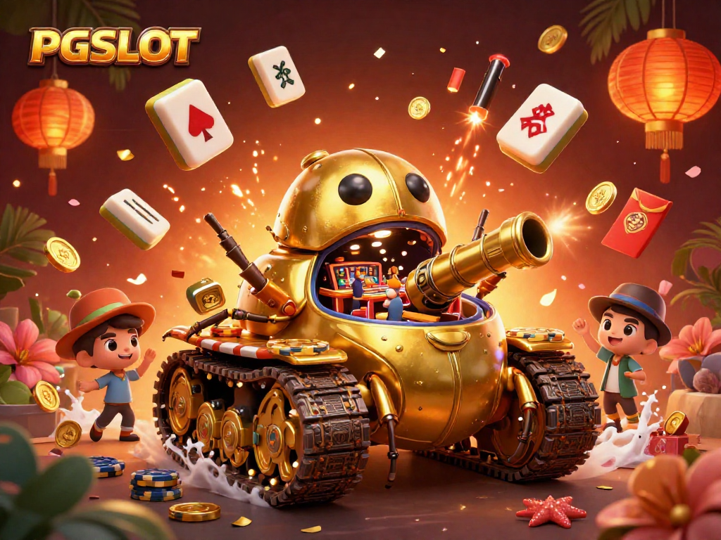 Play PGSLOT and explore a vibrant casino scene with golden beetle tank and dynamic game elements.