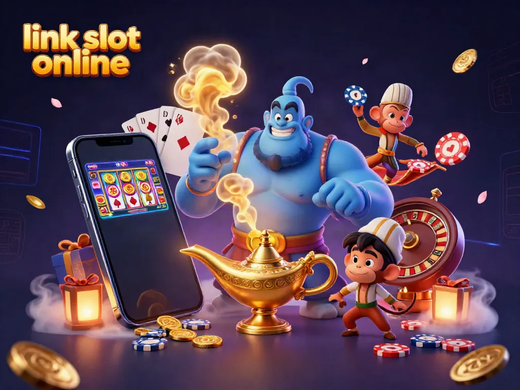 Slot game ceria di link slot online dengan genie biru dan karakter kartun, pengalaman bermain yang mengesankan.