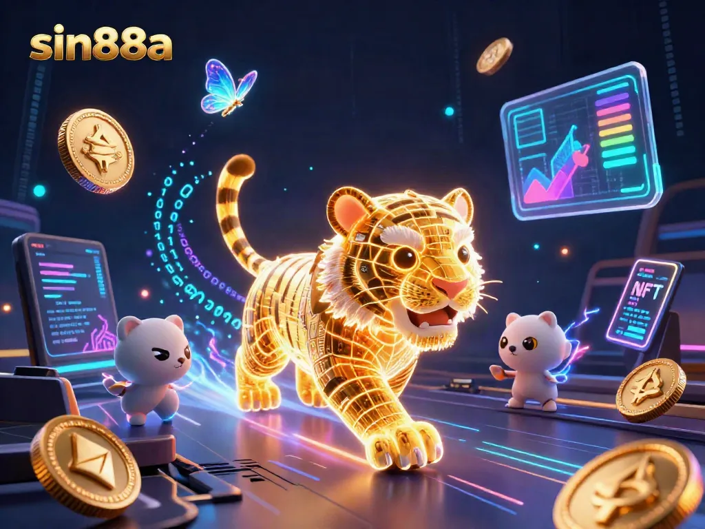 Experience the thrill of sin88a with a golden tiger in a vibrant 3D casino, showcasing digital assets.