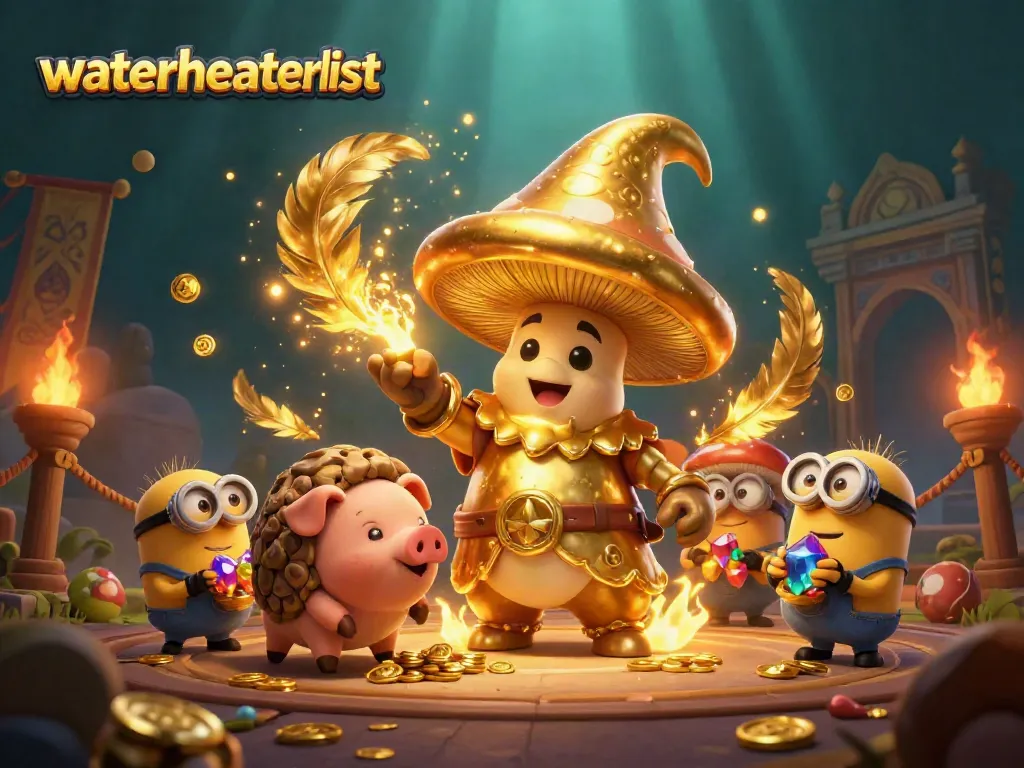 Experience the magic of waterheaterlist with golden wizard and treasure hunting in a vibrant casino scene.