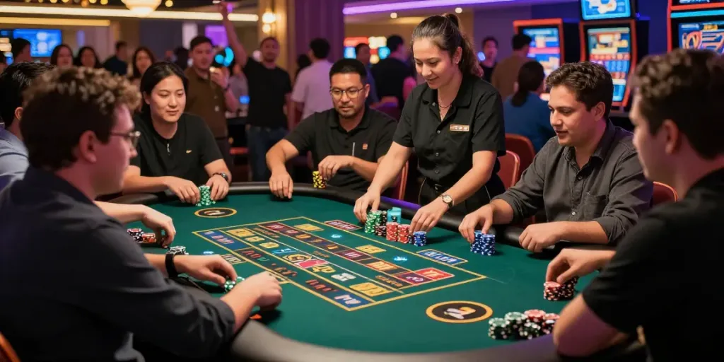 Excited players enjoying a thrilling toto togel game in a vibrant casino atmosphere.