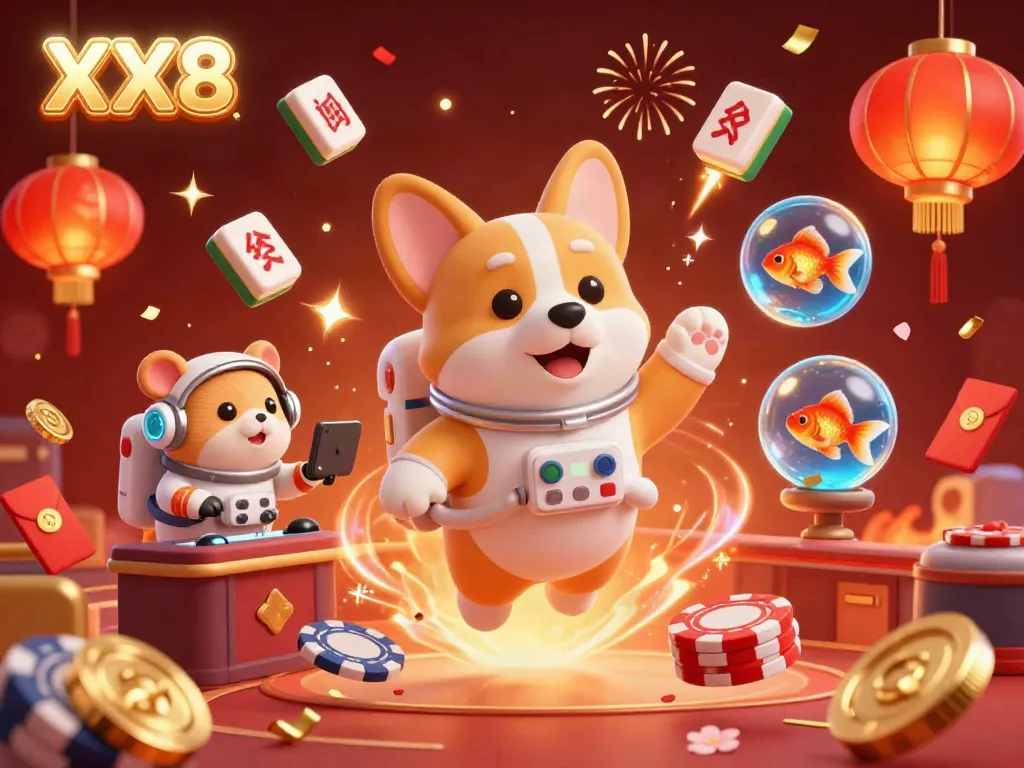 Engage with the vibrant world of XX8, where a whimsical 3D astronaut corgi floats amidst a thrilling casino ambiance.