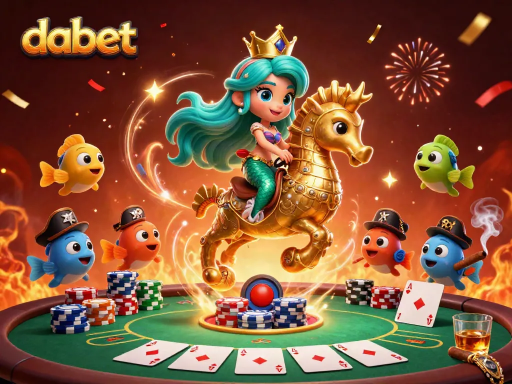Dabet offers an engaging poker experience illustrated with cartoon characters celebrating at a lively casino.