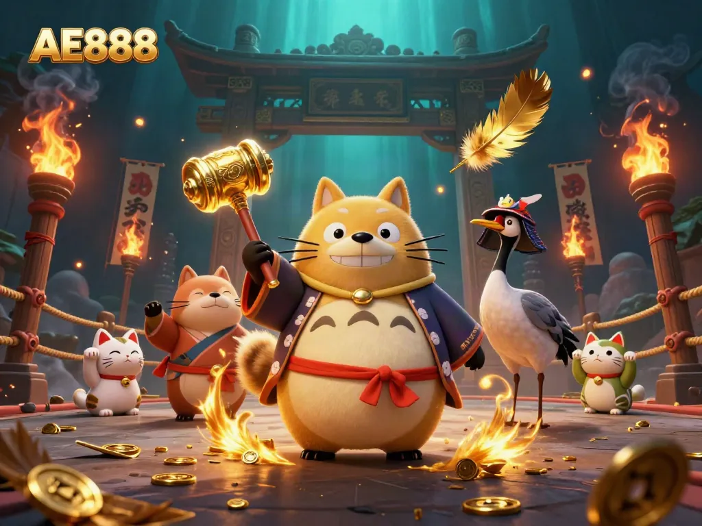 Engage with AE888 as cheerful tanuki and crane celebrate casino excitement, enriching your gaming experience.