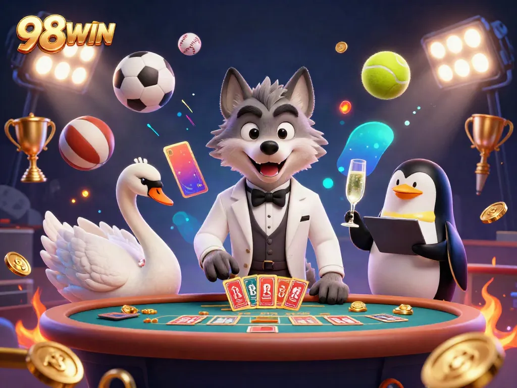 Engage with 98WIN's vibrant casino atmosphere featuring a debonair wolf at baccarat, elegant swan dealer, and penguin sommelier.