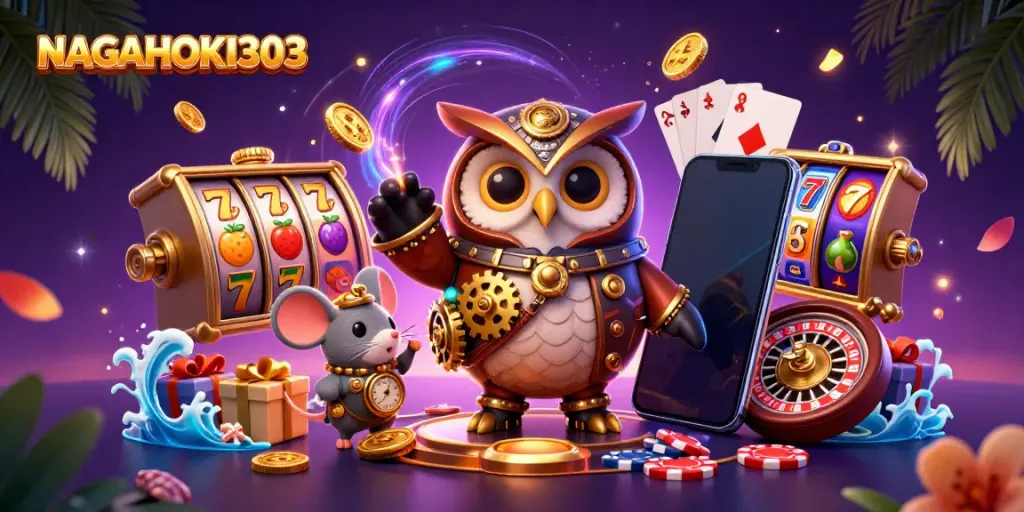 Menangkan slot di NAGAHOKI303 bersama burung hantu penjelajah waktu dalam kasino bergaya steampunk.