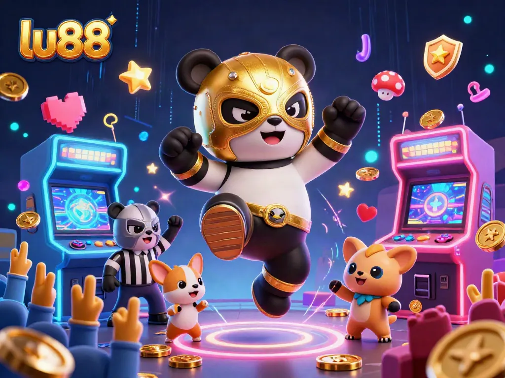 lu88 showcases a dynamic 3D scene with a wrestling panda, glowing arcade machines, and excited spectators in a casino theme