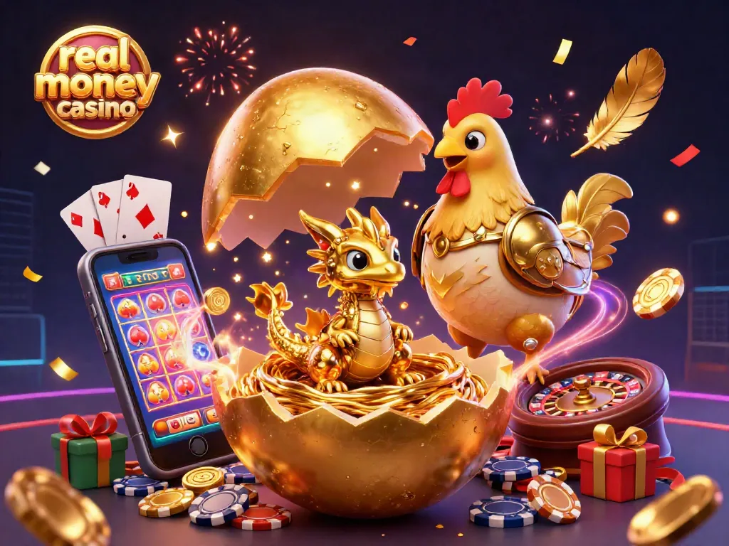 Experience the excitement of real money casino games with this vibrant illustration featuring a golden dragon and thrilling gaming elements.