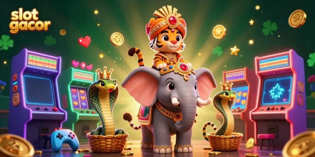 Experience the thrill of slot gacor with vibrant visuals of an arcade-inspired casino scene featuring a maharaja tiger.