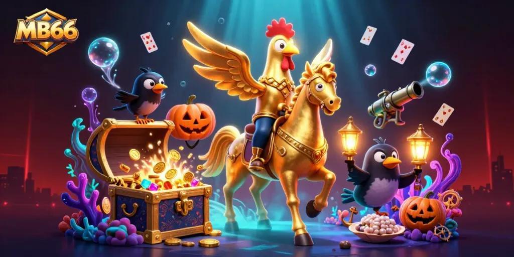 Experience excitement at MB66 casino with a dynamic scene showcasing a golden rooster and animated elements.