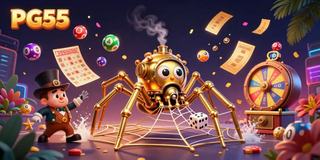 Engage with PG55's vibrant casino fun as the steampunk spider ensnares dice amidst lively gambling elements.