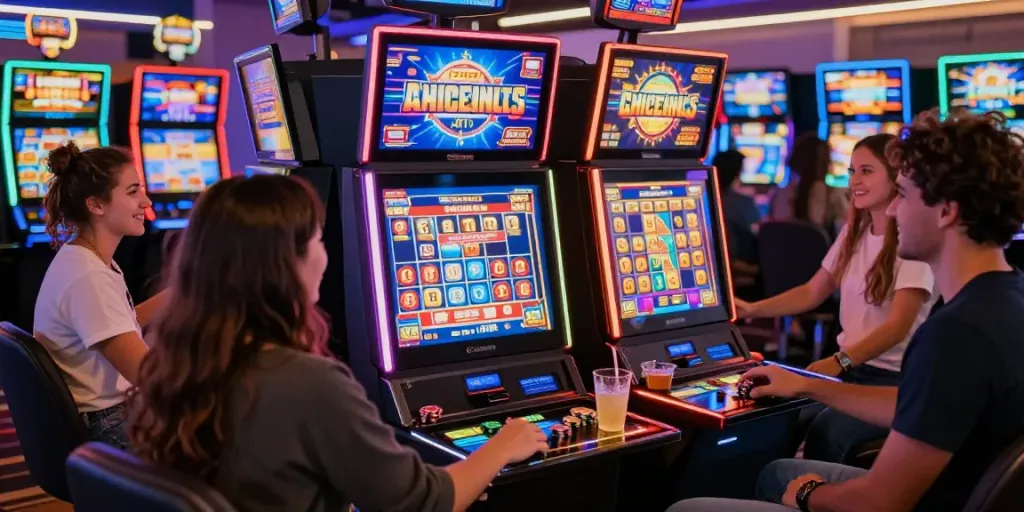 บรรยากาศการเล่นเกมสล็อตออนไลน์ที่ joker123-slots.org/ กับกลุ่มเพื่อนและความสนุกที่เต็มไปด้วยแสงสีสัน