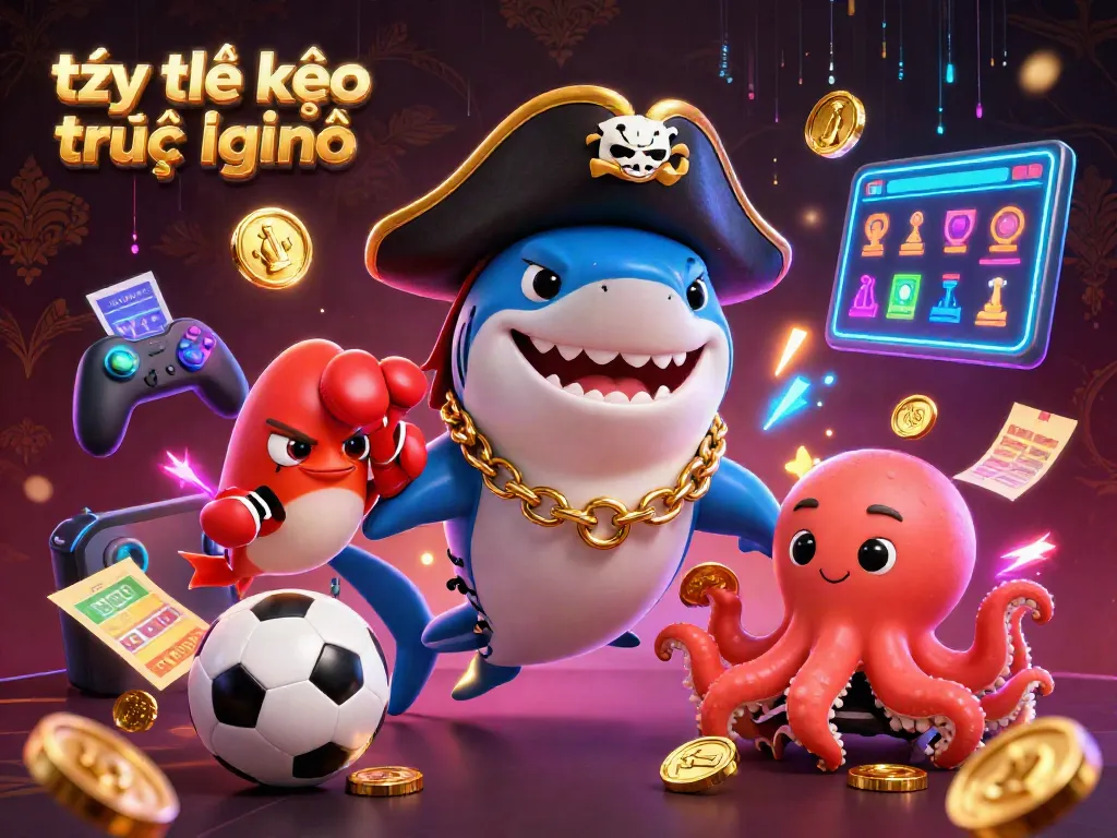 Engage in tỷ lệ kèo trực tuyến sports betting illustrated with vibrant casino elements and cartoon characters.