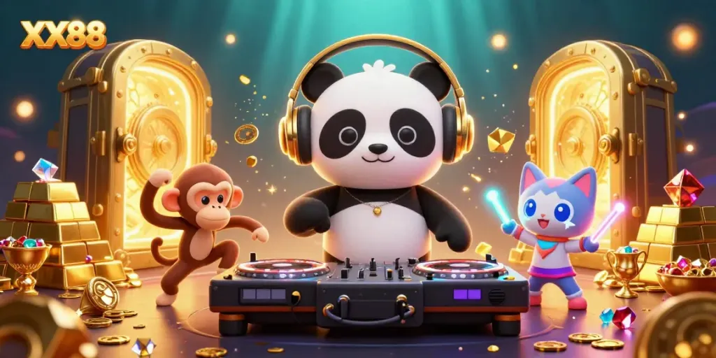 Experience excitement at XX88 with a DJ panda, dancing monkey, and rave kitten in a lively casino atmosphere.