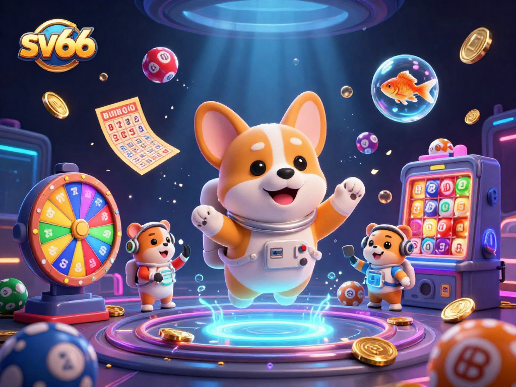 Experience sv66's vibrant casino scene with playful characters floating amidst exciting game elements and sparkling rewards.