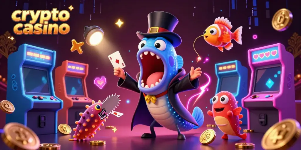 Experience the thrill of a crypto casino with vibrant characters performing magic tricks and Bitcoin coins.