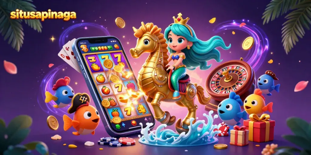 Experience the excitement of situsapinaga with a vibrant 3D mermaid princess amidst casino elements and dynamic gaming action.