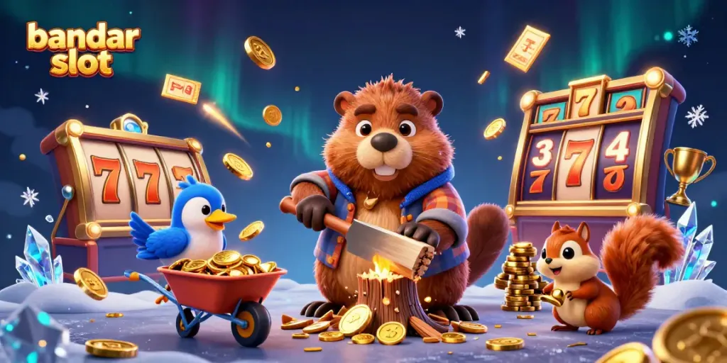 Menangkan jackpot di bandar slot dengan ilustrasi slot gacor berisi karakter lucu mengumpulkan koin emas.