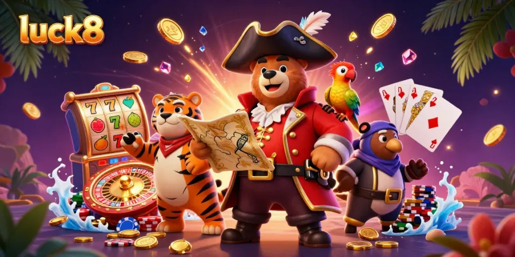 Engage with luck8 through a vibrant casino scene featuring animated characters and thrilling game elements.