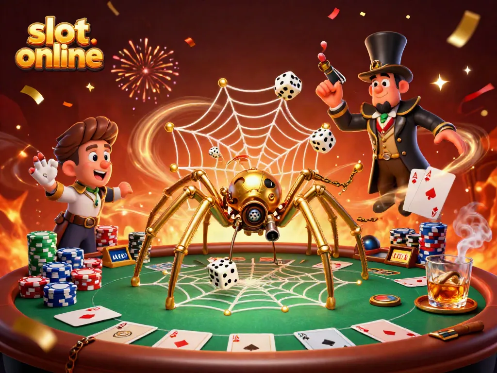 Mengakses slot online dengan karakter menarik dan elemen kasino dalam ilustrasi 3D yang kaya detail.