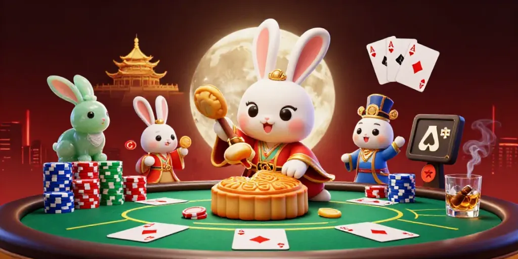 Engage with the vibrant 3D scene depicting Bola88's moon rabbit amid a dazzling casino backdrop.