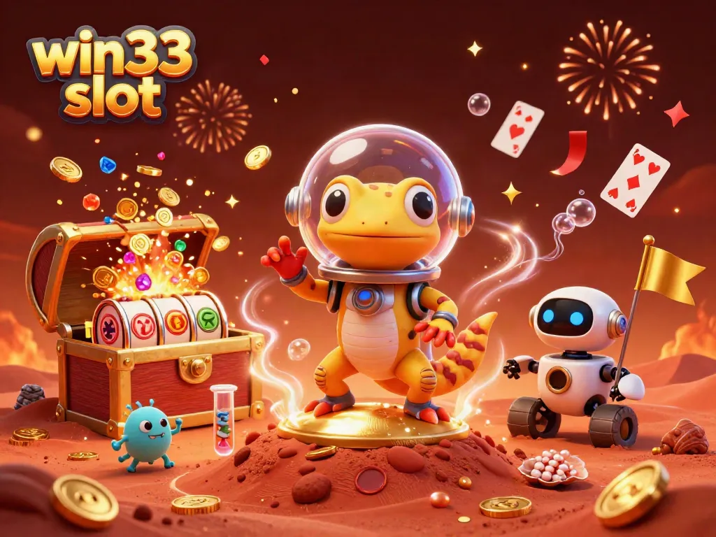 Enjoy thrilling gameplay with win33 slot at a vibrant alien casino featuring gold coins and festive atmosphere.