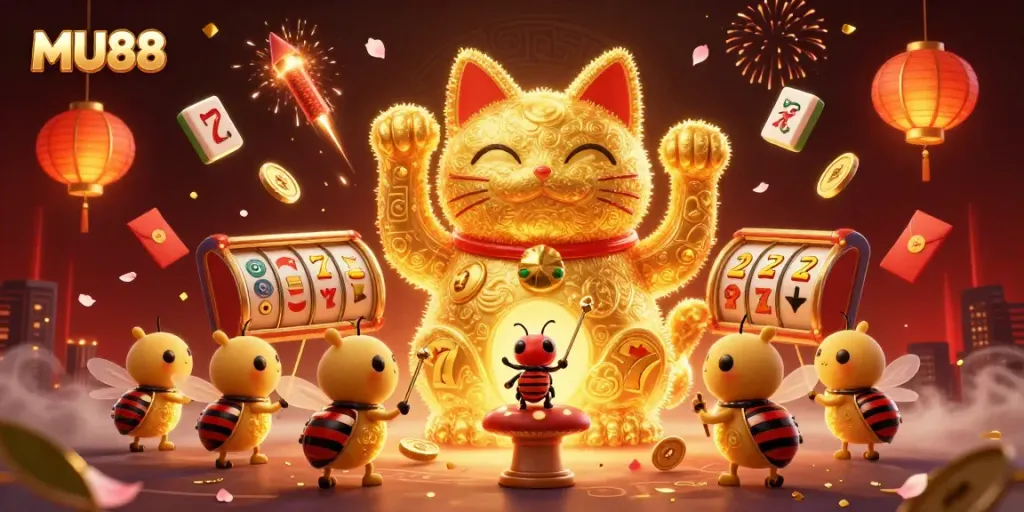 Win big at MU88 with a captivating scene of golden fireflies shaping a lucky cat amidst casino elements.