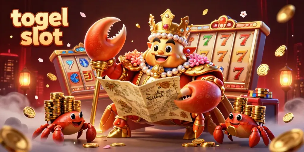 Gambar ilustrasi 3D kasino togel slot dengan kepiting emas besar dan simbol mesin slot.